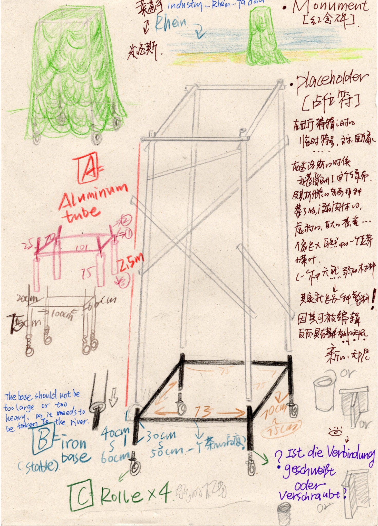 Construction sketch showing the frame, dimensions and wheels of Temporary Monument
